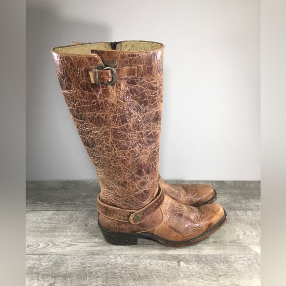 Womens Sundance VU6003 Harness Distressed Brown Leather Moto Biker Boots Size 10